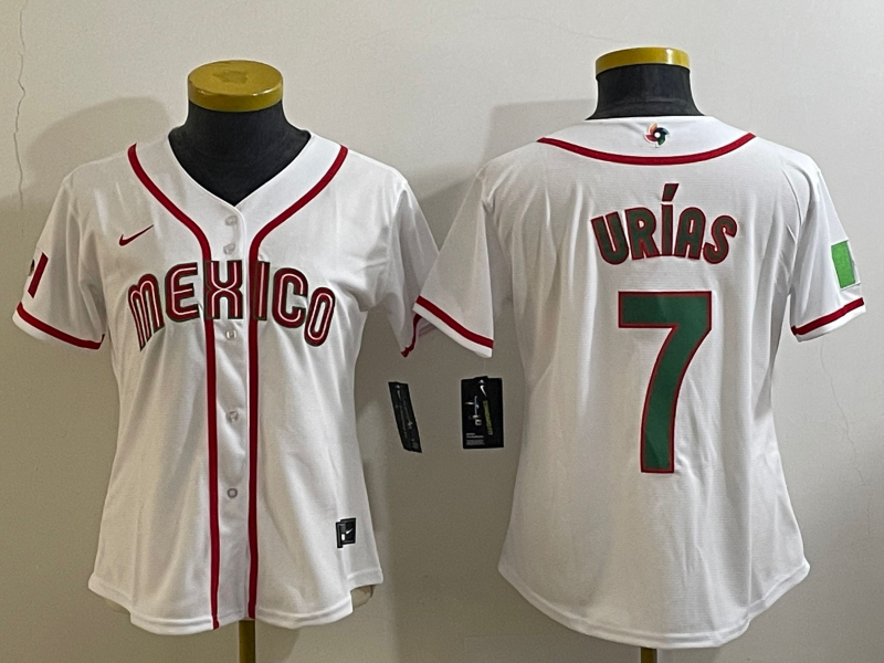 Youth Mexico Baseball #7 Julio Urías 2023 White World Baseball Classic Stitched Jersey Youth Mexico Baseball #7 Julio Urías 2023 White World Baseball Classic Stitched Jersey